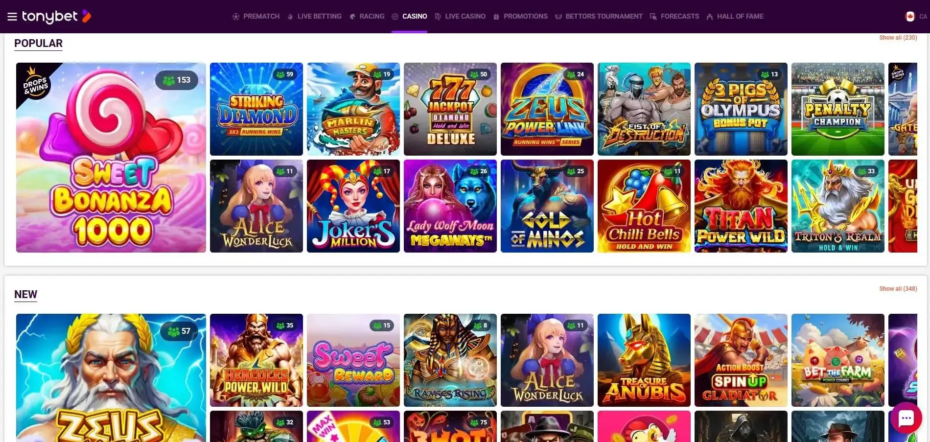 Tony Bet Casino Popular Games